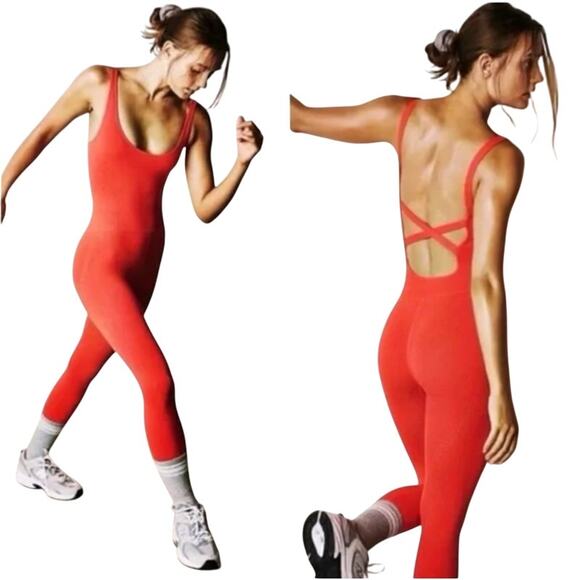 Free People Movement S Good Karma Unitard Neon Coral Yoga Dance Active - Picture 1 of 10